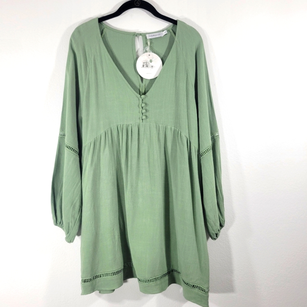 ESTHER & CO Clarity Sage linen V-neck balloon sleeve boho chic babydoll dress